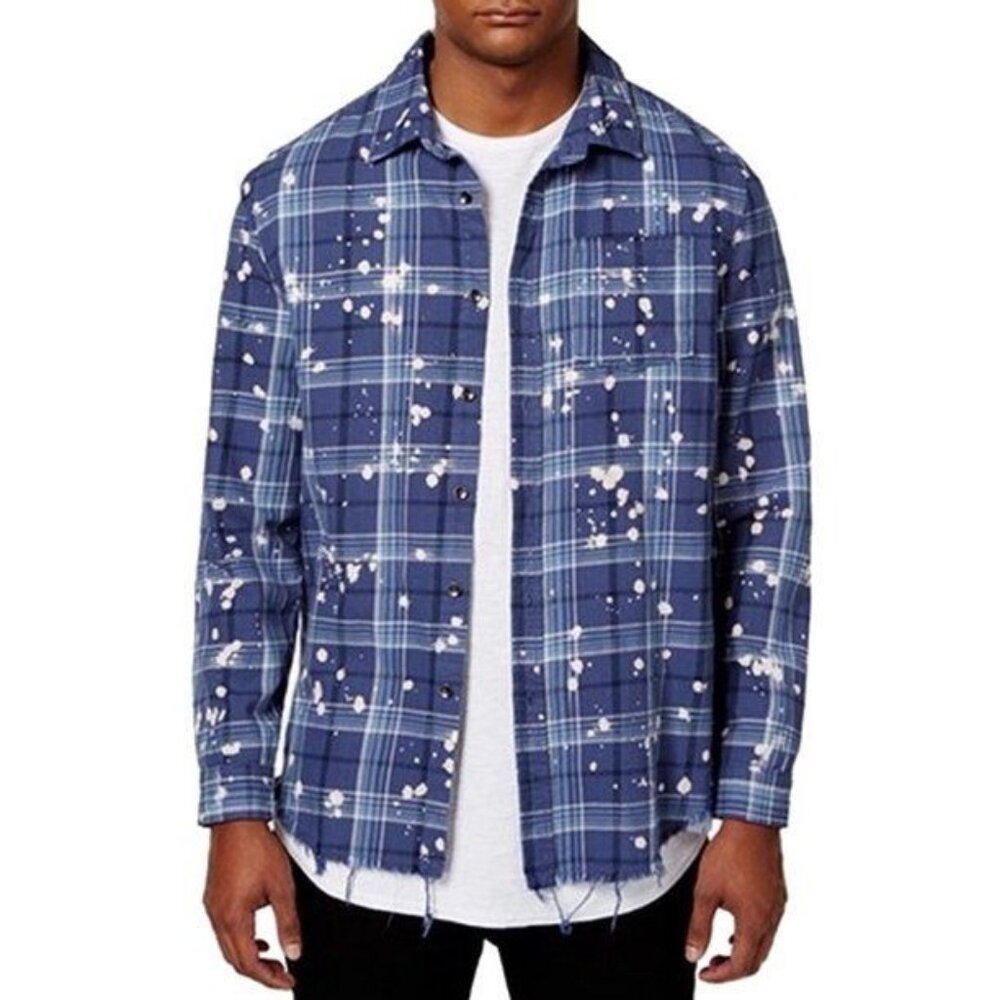 Blue Plaid Button-Up Shirt With Distressed Hem & Bleach Splatter